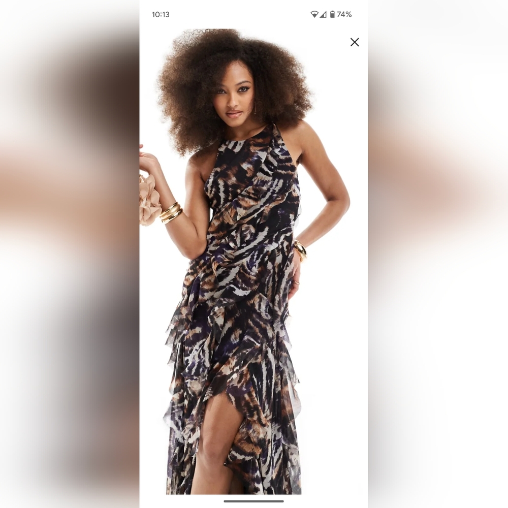 ASOS racer neckline ruffle maxi dress w hi low hem in abstract animal print